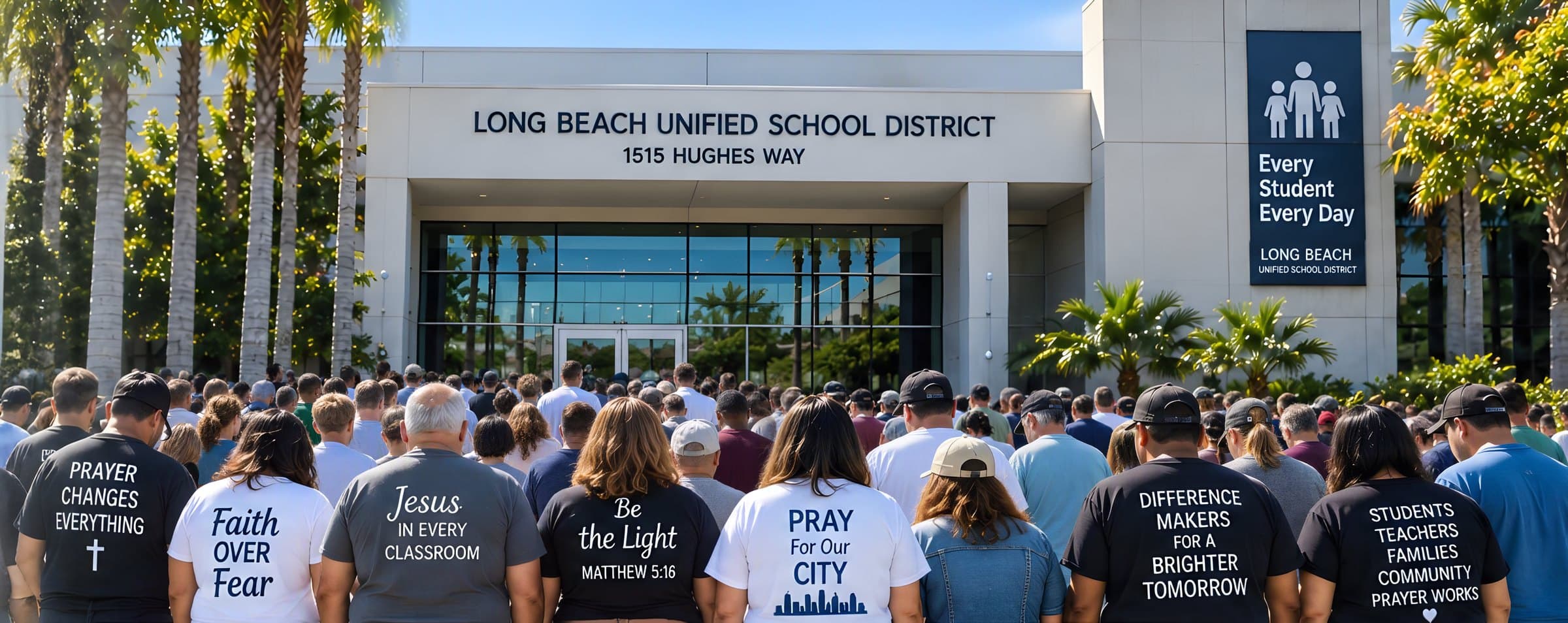 A crowd in faith T-shirts gathered to pray outside the Long Beach Unified School District offices